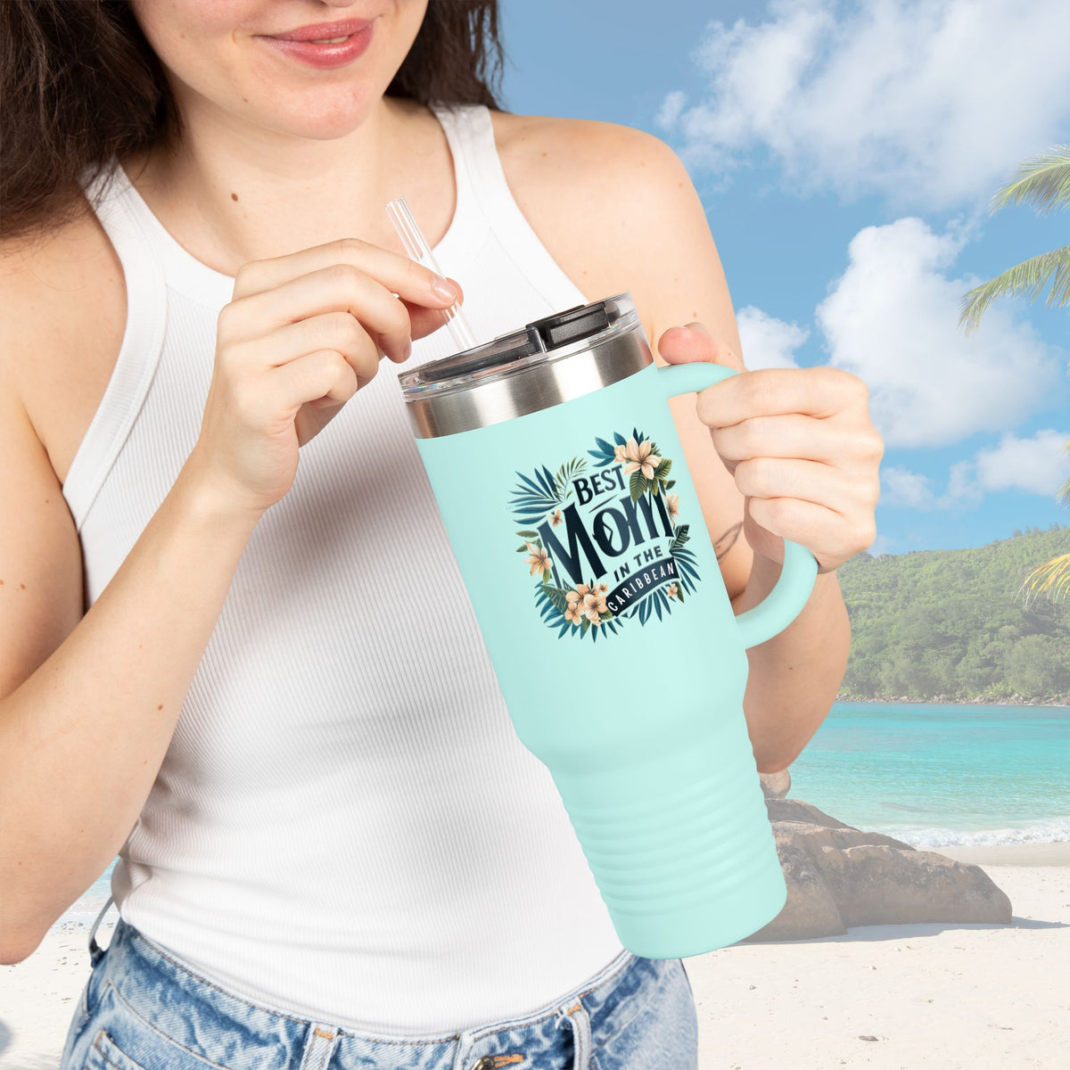 Mom's Best Insulated Travel Mug, 40oz - Floral Design, Gifts for Mom, Mother's Day, Travel Coffee Cup, Beach Trip, Eco-Friendly Mug - Irie Blues Boutique