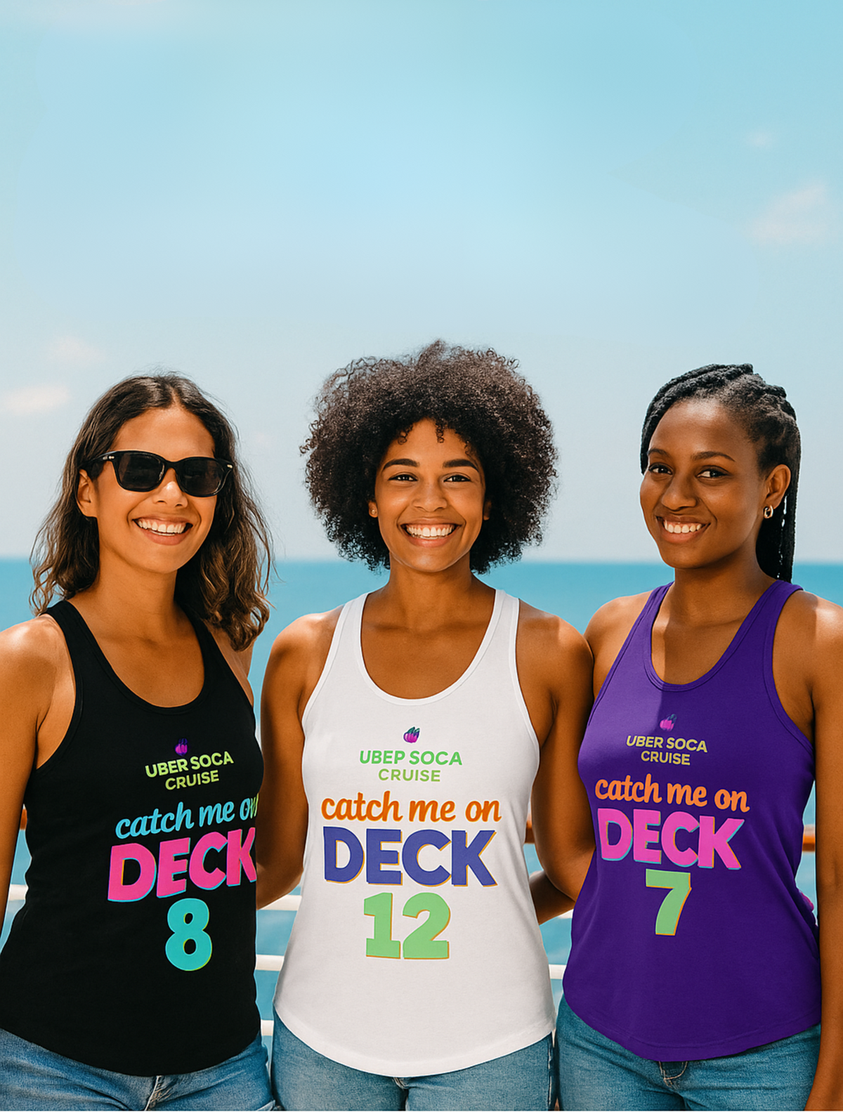 Three women wearing tank tops with numbers and text on a blue background