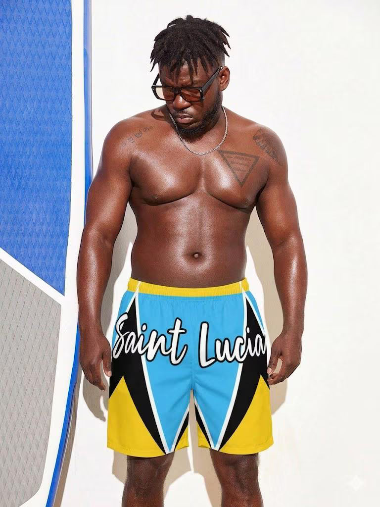 Man wearing a blue, black, and yellow swimsuit with 'Saint Lucia' text against a white background