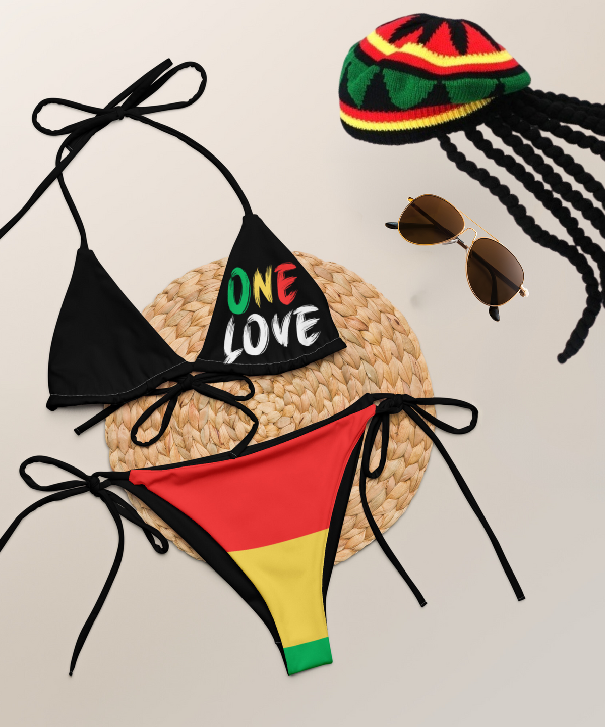 One Love Reggae All Over Print Recycled String Bikini - Irie Blues Boutique